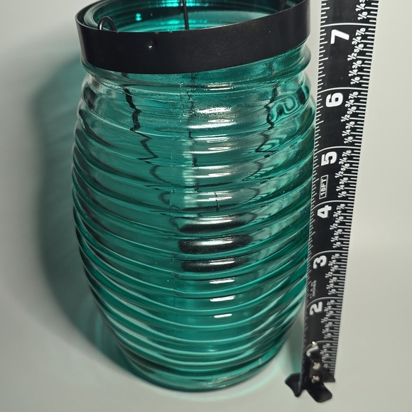 Hobby Lobby Ribbed Glass Candle Holder. Teal - Picture 2 of 4